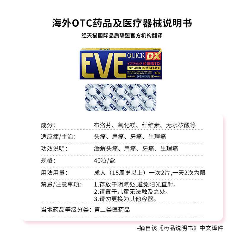 【自营】白兔牌eve止疼药头痛布洛芬感冒止痛退烧药金色装40粒*4 - 图3