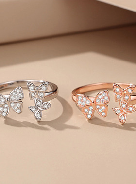 轻奢风蝴蝶戒指纯银时尚镶钻女戒