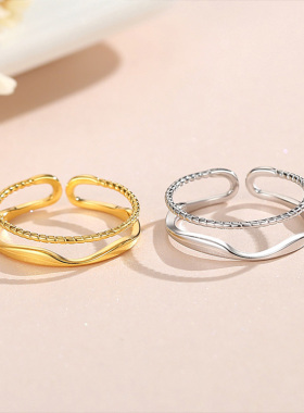 双层波浪纯银戒指时尚气质高级感