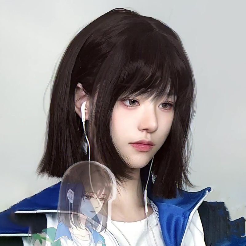 纤韵佳人假发短发女黑棕色透气动漫齐刘海自然少女bobo头全头套jk-图1
