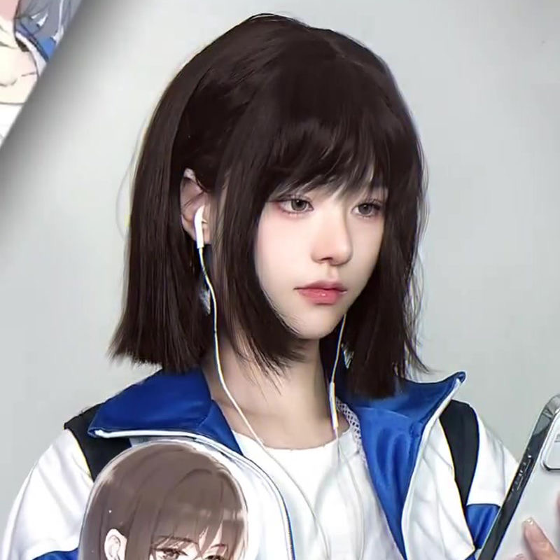 纤韵佳人假发短发女黑棕色透气动漫齐刘海自然少女bobo头全头套jk-图0