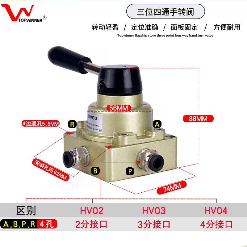 2023三位四通手转阀HV-02/HV03/HV04手动开关换向阀控制气缸行走 - 图2