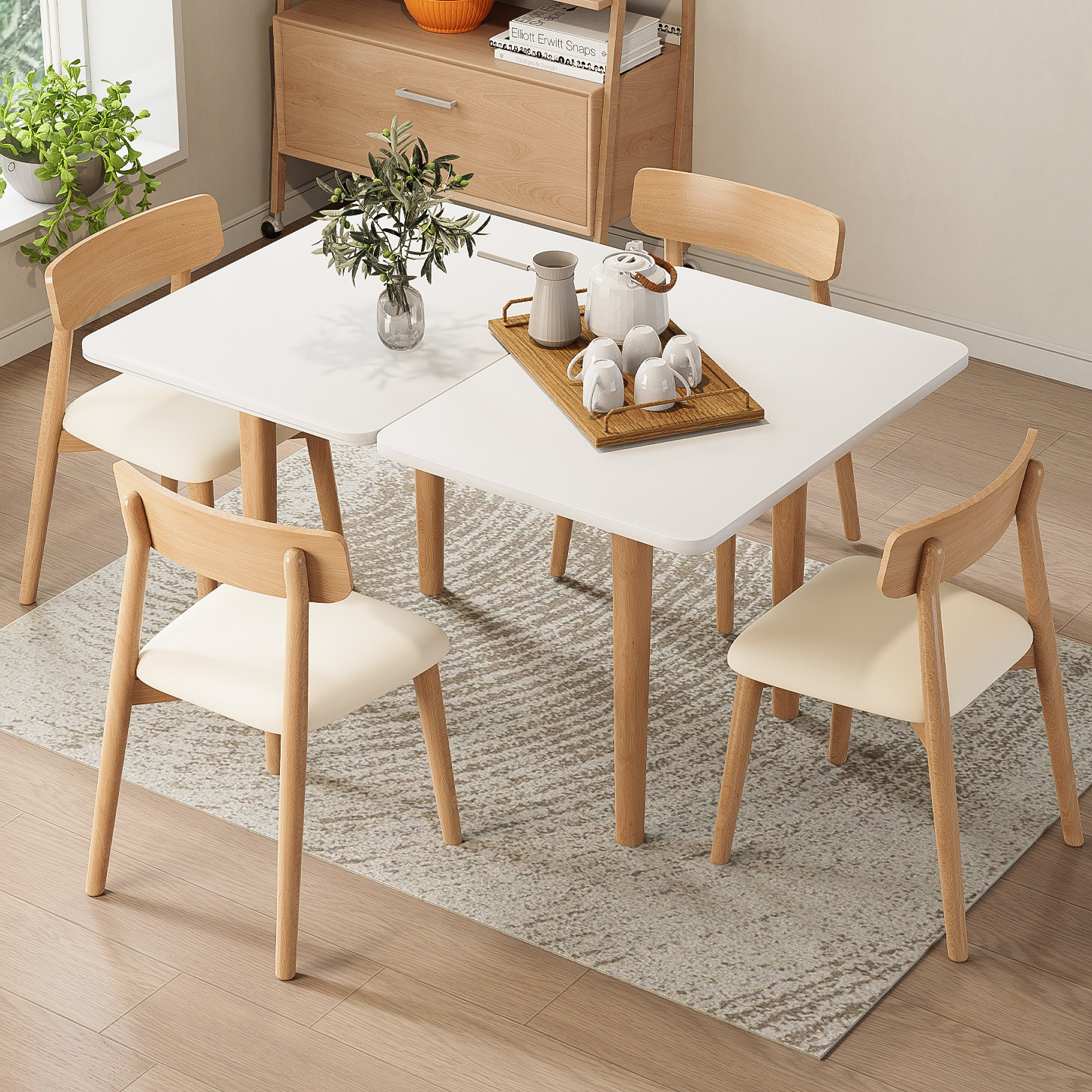 奶油风岩板家用实木餐桌椅组合小户型折叠多功能靠墙方形吃饭桌,淘宝优惠券,粉丝福利购,淘宝优惠卷