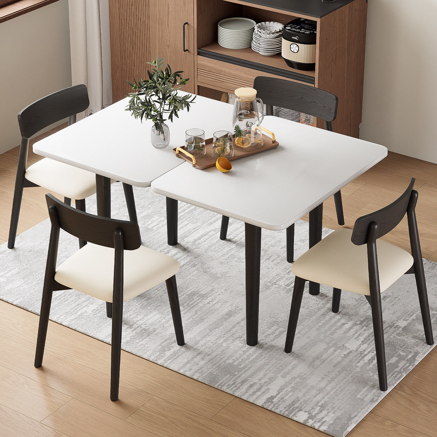 现代简约岩板家用实木餐桌椅组合小户型折叠多功能靠墙方形复古桌,淘宝优惠券,粉丝福利购,淘宝优惠卷