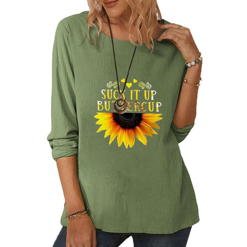 Womens Round Neck Long Sleeve Sunflower Print Casual Loose - 图0