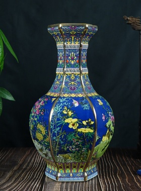 仿古珐琅彩花鸟六方瓶景德镇中式陶瓷家居客厅装饰花瓶工艺品