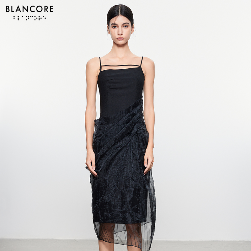 【设计师品牌BLANCORE】新款设计感拼纱褶裥茧形连衣裙女 - 图1