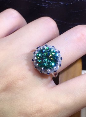 Rain高端奢华3克拉八心八箭镀PT950仿真蓝绿莫桑钻满钻开口戒指女