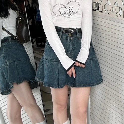 Юбка в складку, летняя джинсовая юбка, высокая талия, большой размер, подходит для полных девушек, по фигуре