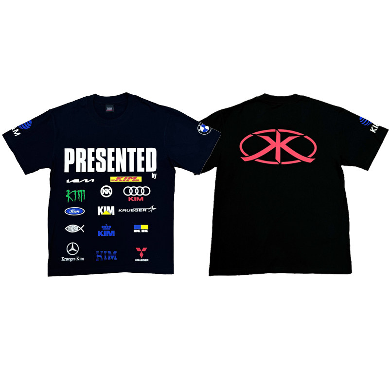Kim Krueger "Presented by" logo tee spoof pattern racing short-sleeved T-shirt