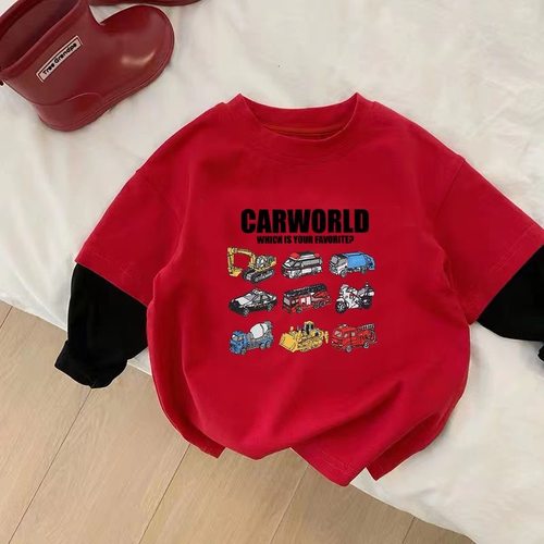 男童纯棉打底衫新年红色长袖T恤男宝汽车衣服宽松韩版假两件上衣 - 图0