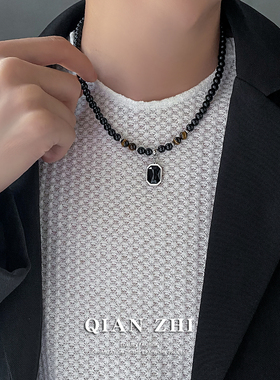 新国潮配饰男生虎眼石黑曜石项链