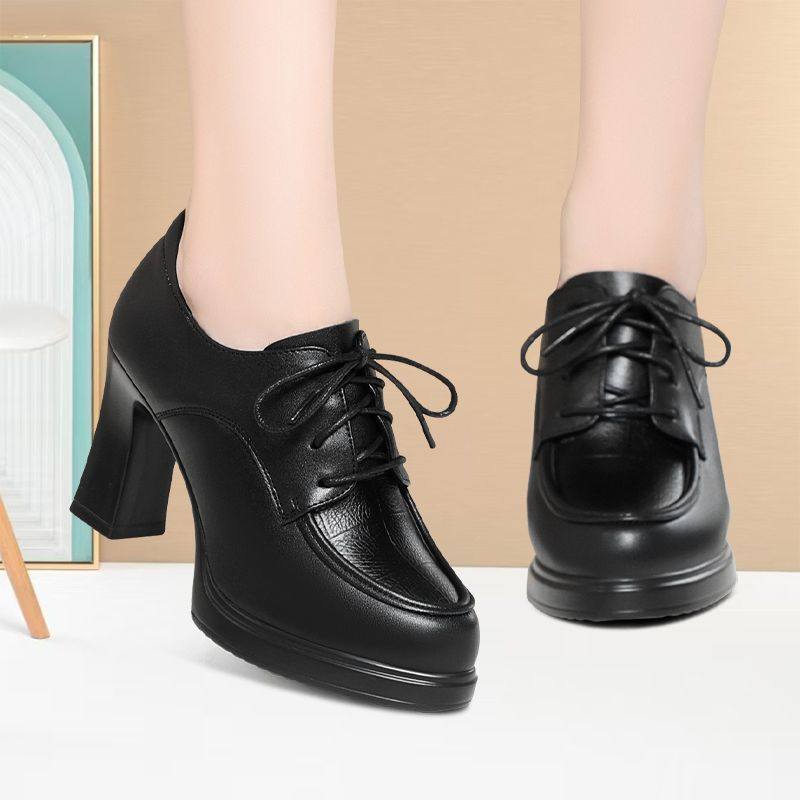 潮流系带款深口厚底女单鞋气质女士高跟鞋中年防滑耐磨模特走秀鞋,淘宝优惠券,粉丝福利购,淘宝优惠卷