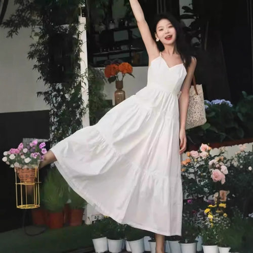 海边度假法式长裙女装夏季超长到脚踝长款裙子v领白色吊带连衣裙 - 图0