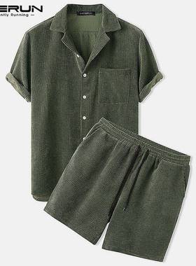 S-2XL Men Corduroy Sets Short Sleeve Lapel Button Shirts