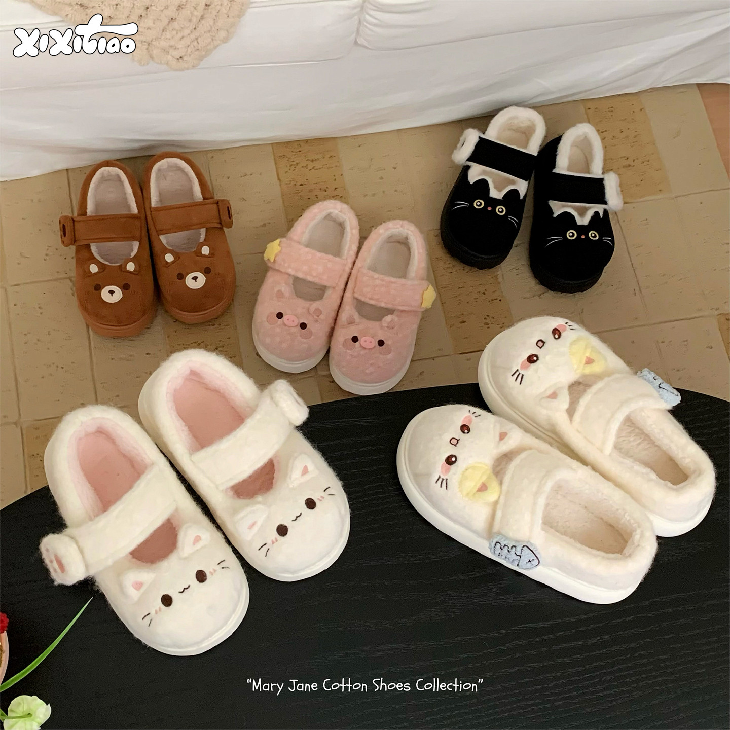 细细条防滑魔术贴玛丽珍棉鞋豆豆鞋ins外穿女冬卡通软萌lolita鞋,淘宝优惠券,粉丝福利购,淘宝优惠卷