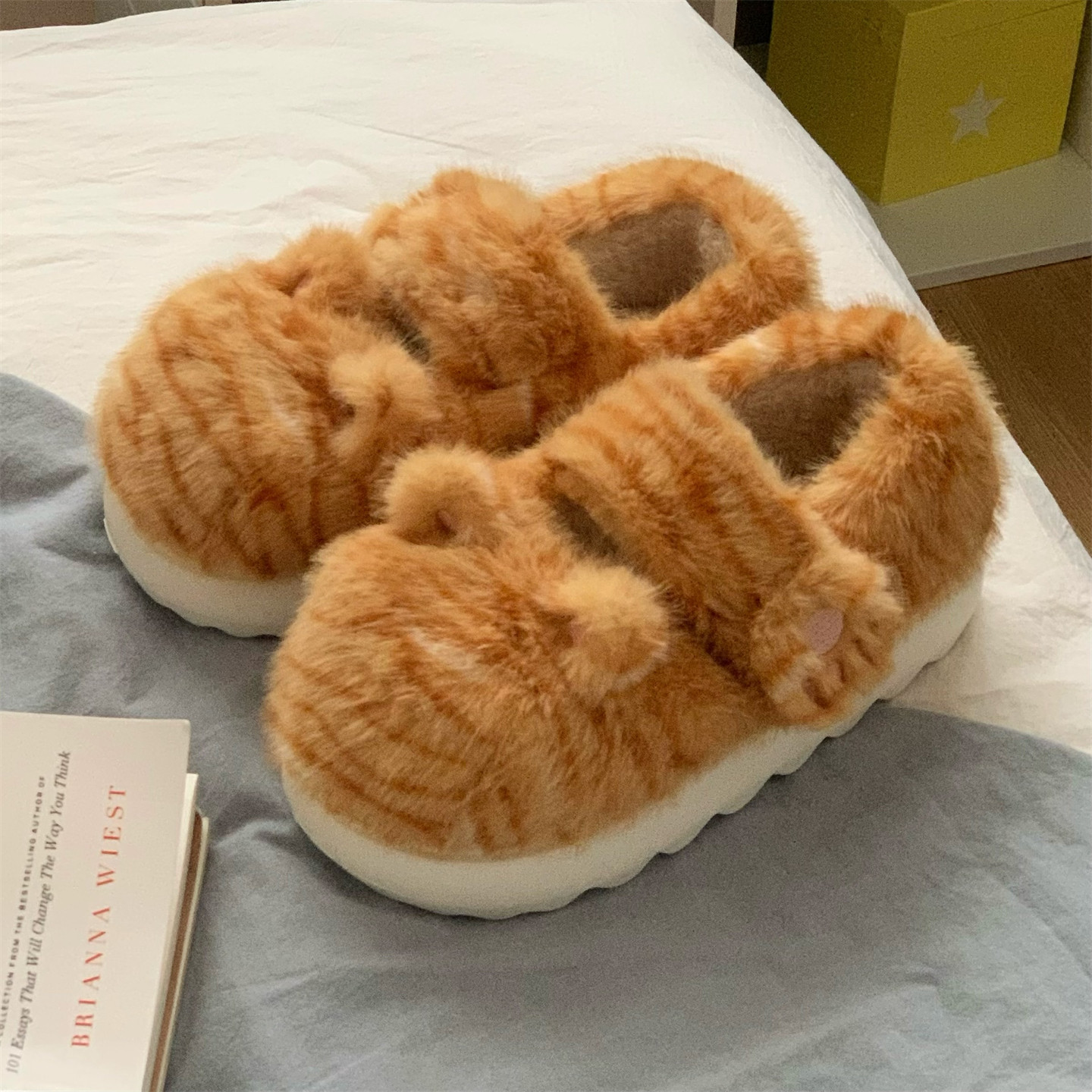 细细条 女冬厚底防滑软萌猫耳豆豆鞋魔术贴毛毛鞋可爱橘猫纹棉鞋,淘宝优惠券,粉丝福利购,淘宝优惠卷