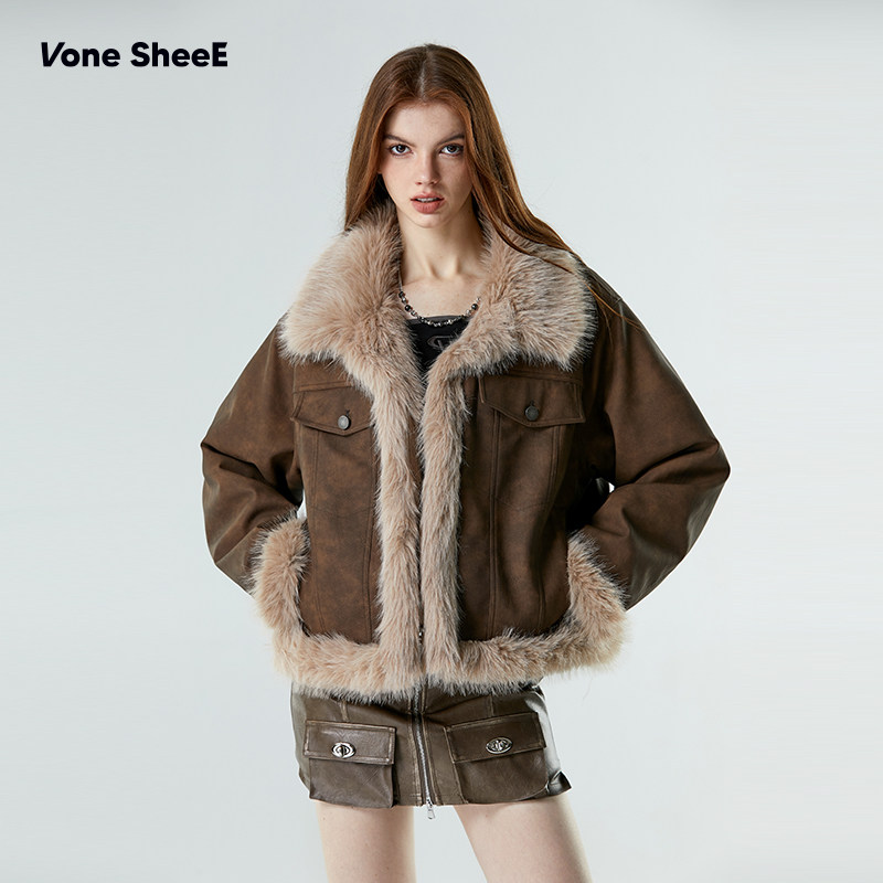 Vone SheeE美式复古毛毛短外套冬2025新款皮草机车服女式皮毛一体 - 图0