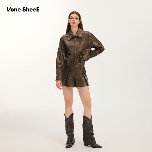 Vone SheeE 美式复古擦色皮裙百褶半身裙女辣妹短款a字裙2025新款 - 图3