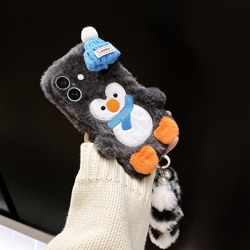 针织帽企鹅适用苹果iPhone16promax手机壳15plus毛球14挂链13mini迷你12可爱11卡通xr8毛绒绒7xsmax6硅胶se3 - 图1