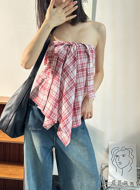 男女格子系带嘻哈风屁帘衬衫下摆