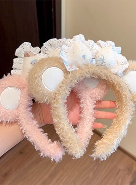 秋冬新款粉色可爱蝴蝶结小熊发箍卡通少女心洗脸发箍超萌化妆头箍