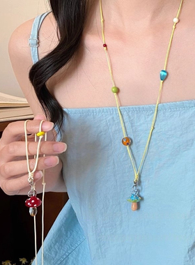 蜡绳琉璃蘑菇陶瓷珠串珠项链小清新锁骨链多巴胺时尚简约项饰饰品