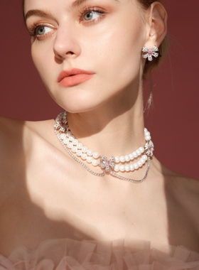 BELLEBIANCA珍珠链条蝴蝶结粉钻