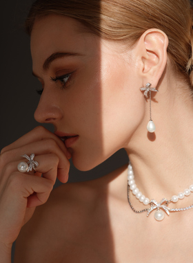 蝴蝶结人造珍珠链条锆石