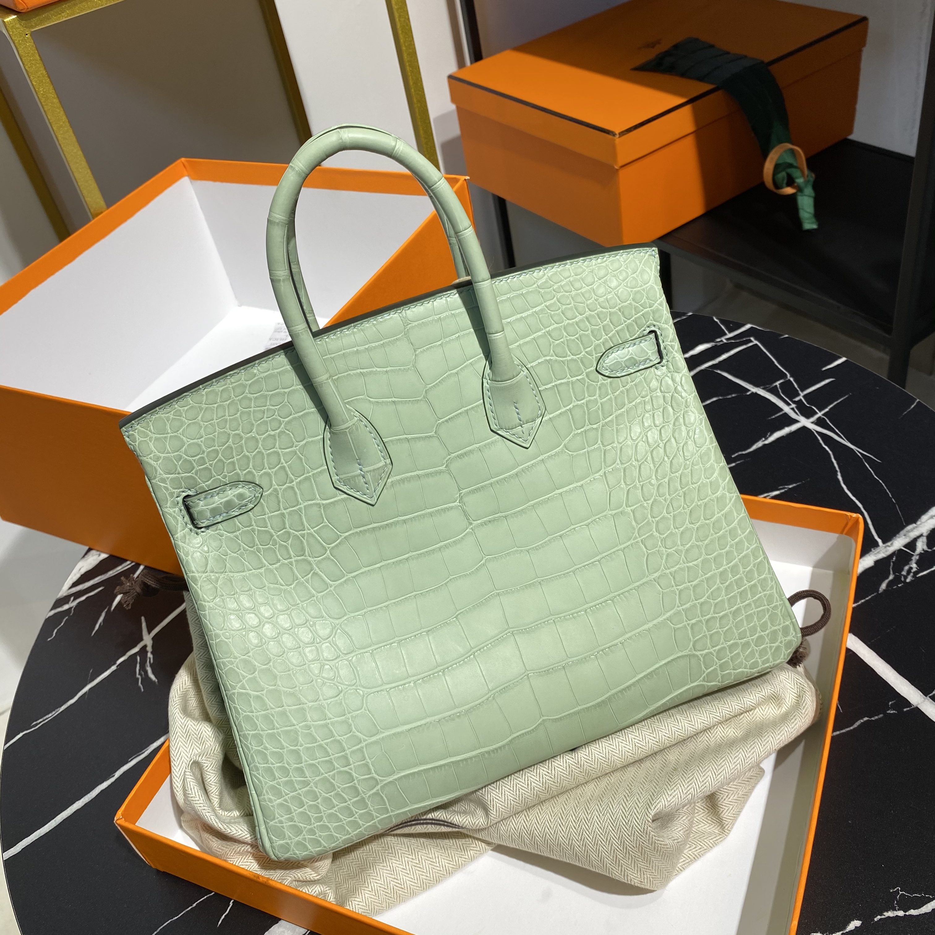 精品 h家6U薄荷绿雾面鳄鱼皮铂金包birkin25手工钉缝蜡线女金色扣 - 图0