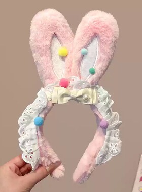 可爱毛绒小兔子耳朵蕾丝蝴蝶结发箍女款压发头箍儿童发卡头饰秋冬
