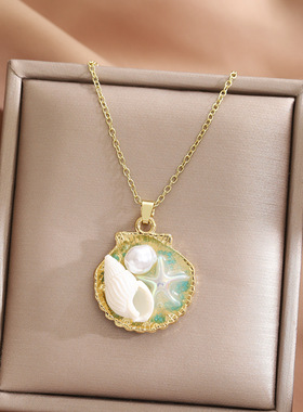 莫奈花园油画项链 轻奢小众锁骨链女感简约百搭贝壳吊坠项链