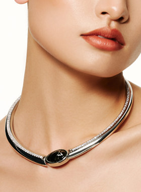 MOH金缮银纹黑珐琅镶钻颈圈
