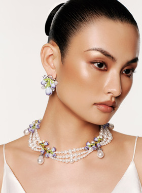 【精选礼物】MOH四时风物系列珐琅紫藤花珍珠项链叠层女中式项圈