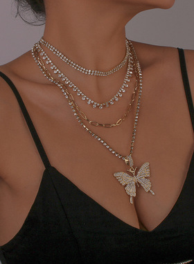 跨境夸张多层颈链蝴蝶满钻轻奢气
