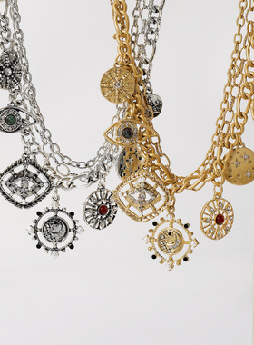 欧美中古镂空恶魔之眼颈链 跨境设计感微镶圆牌多吊坠高端项链女
