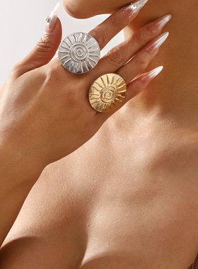 欧美跨境复古夸张太阳开口戒时尚