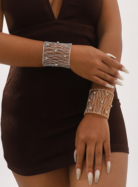 欧美跨境个性设计网面铁丝编织手饰 夸张朋克风镶钻开口高端手镯