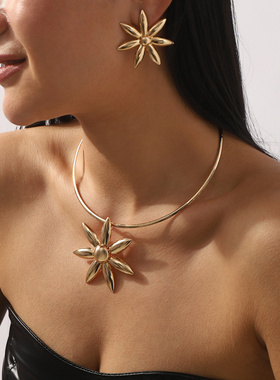 欧美复古夸张花卉合金耳环项圈轻