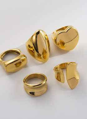 夸张百搭爱心宽面几何奢华高端戒指女 网红潮流镀18K设计感指环女