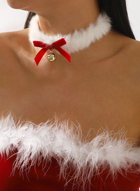 圣诞节丝绒蝴蝶结铃铛项圈女毛绒