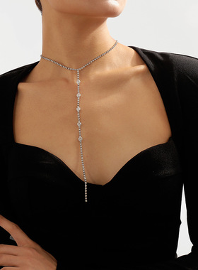 跨境简约性感长款Y型颈链 时髦小众几何水钻奢华高端项链necklace