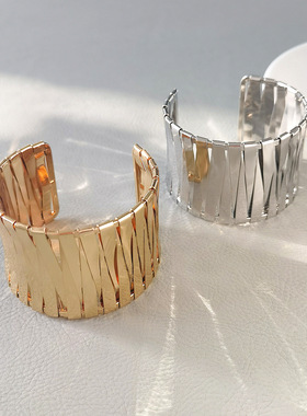 欧美夸张金属交叉编织宽版开口高端手镯 冷淡风街头朋克嘻哈手环