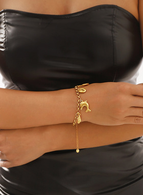 欧美轻奢复古精致钛钢奢华高端手链女 ins海洋风吊坠金色百搭手饰