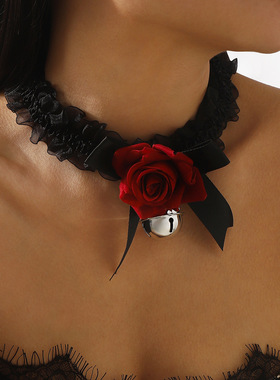 暗黑系黑色蝴蝶结玫瑰花朵铃铛项