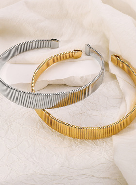 欧美复古嘻哈金属感几何夸张螺纹项圈 小众设计朋克风开口手环女