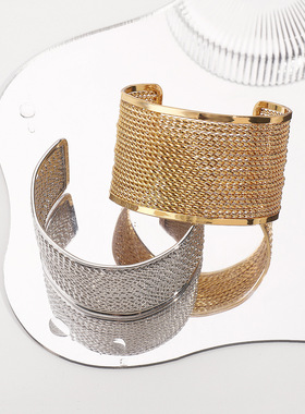 欧美跨境开口线艺宽链条绕线高端手镯 小众设计个性金属重工手环