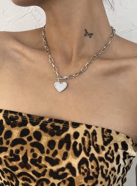 欧美跨境时尚夸张朋克风金属链条单层项链 潮流心形镶钻项链首饰