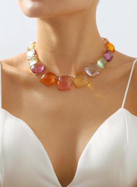 跨境时尚拼色果冻颈链女 波西米亚风几何形奢华高端项链耳环套装