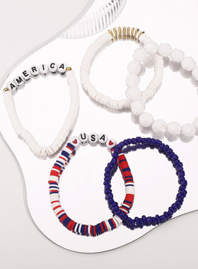 跨境新款创意美国独立日亚克力USA字母串珠高端手链时尚撞色手串